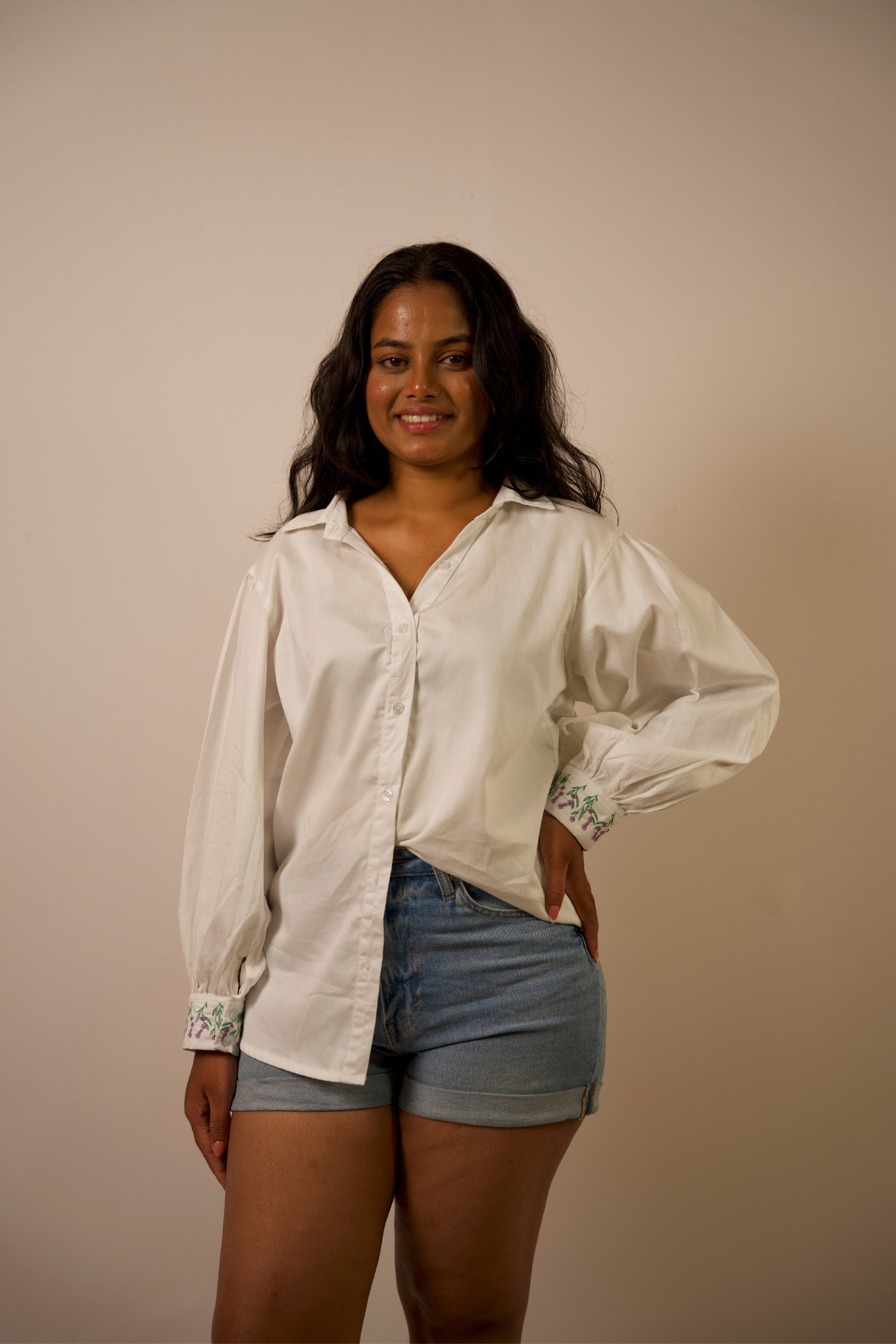 WOMEN'S EMBROIDERED COTTON SATIN SHIRT