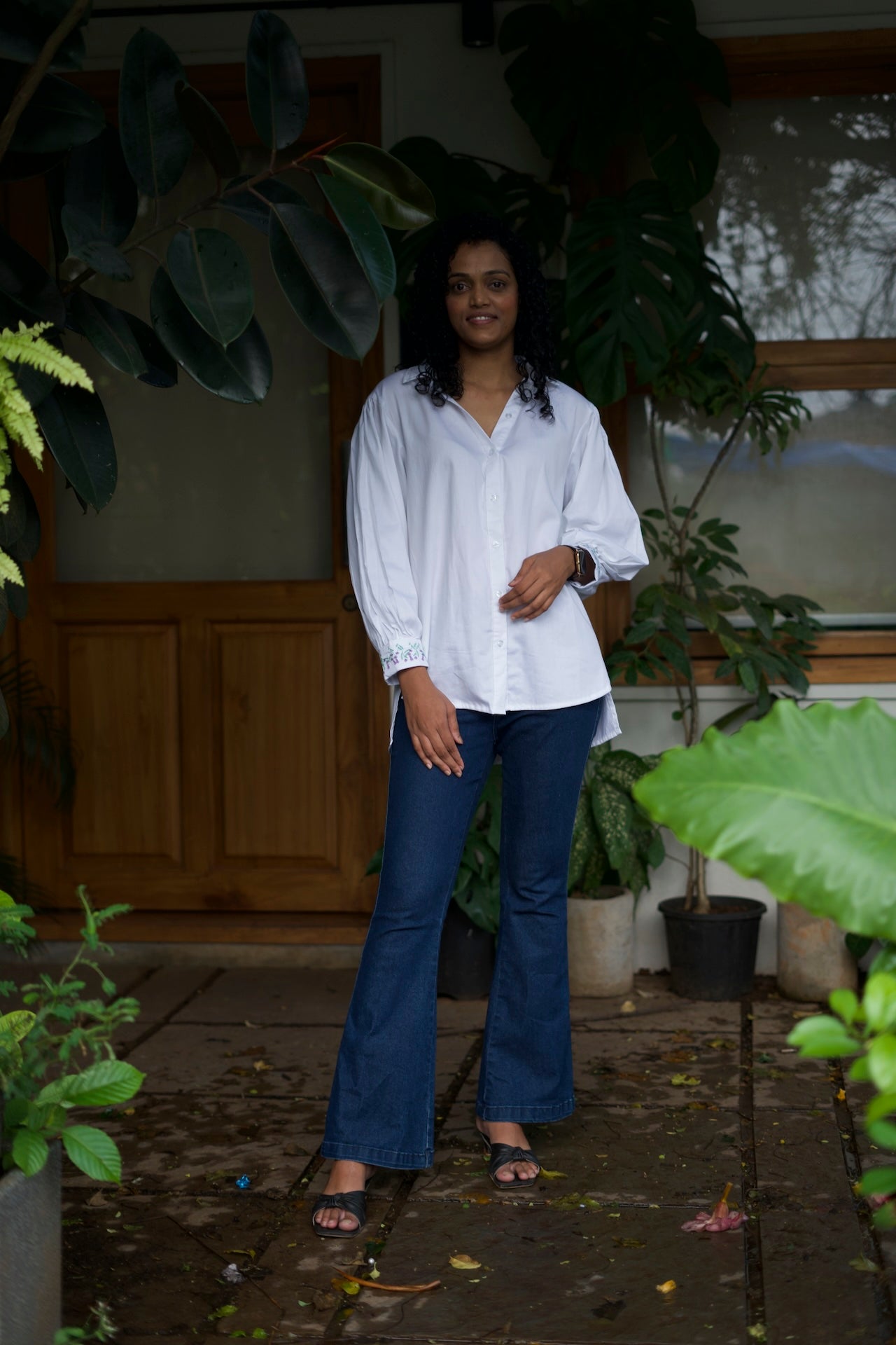 WOMEN'S EMBROIDERED COTTON SATIN SHIRT