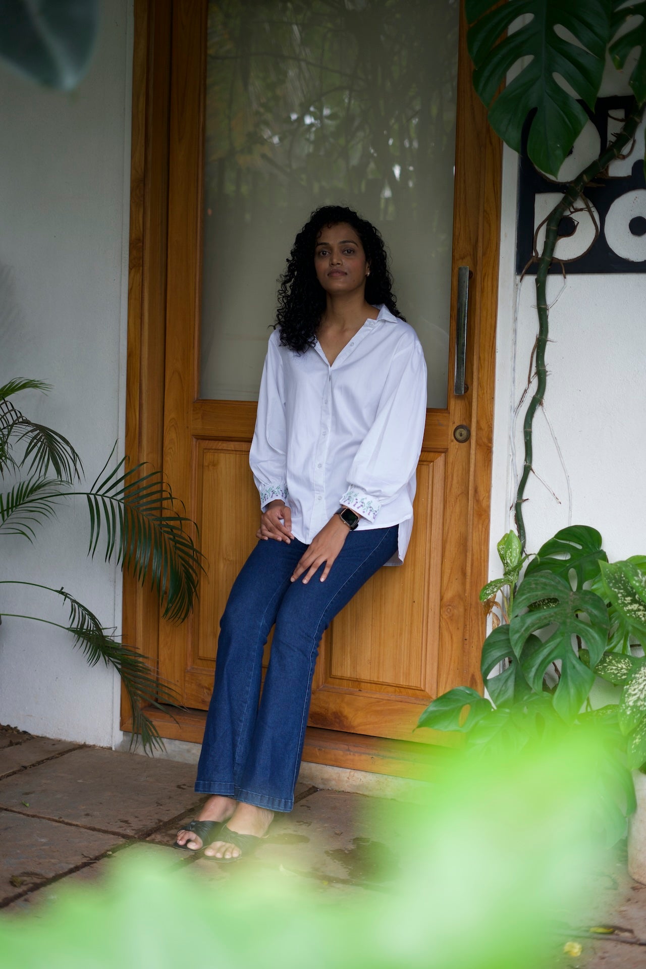 WOMEN'S EMBROIDERED COTTON SATIN SHIRT