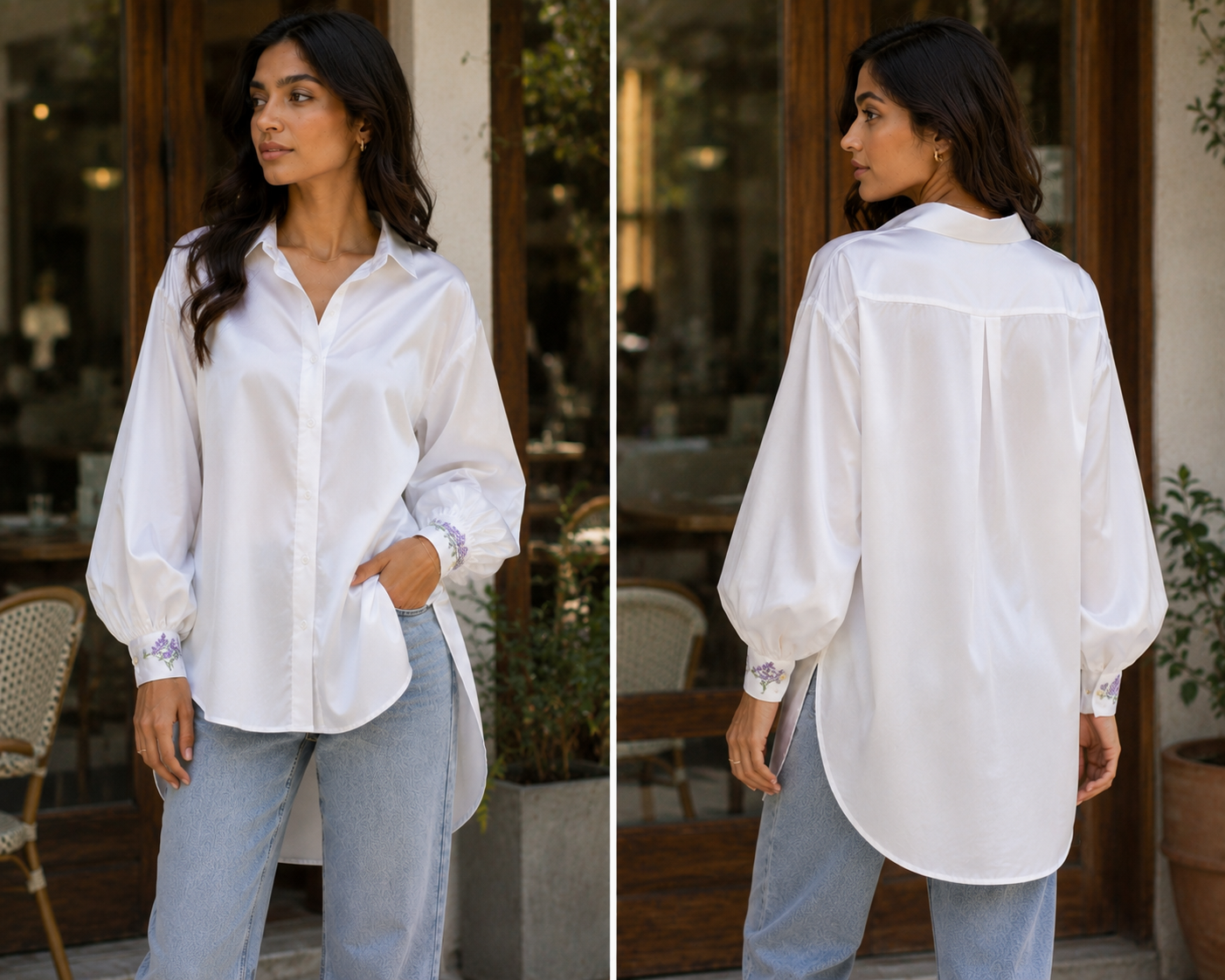 WOMEN'S EMBROIDERED COTTON SATIN SHIRT